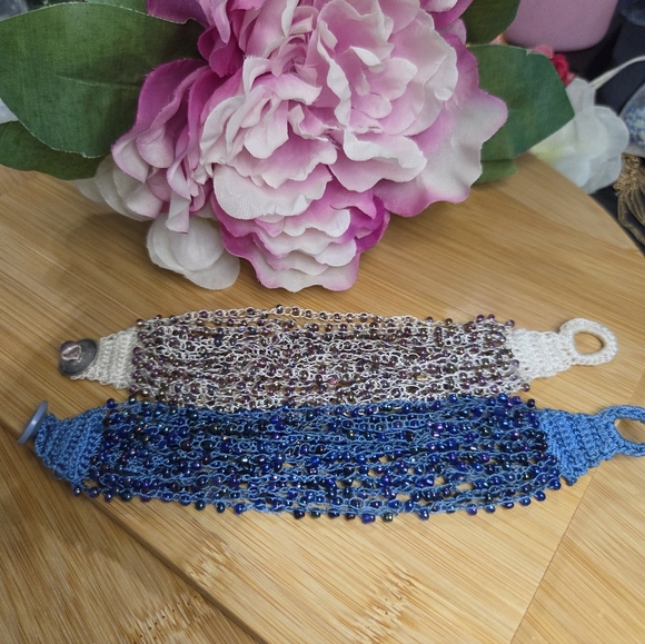 Jewelry - Elegant Beaded/Embroidered Bracelets Set of 2- Blue and White